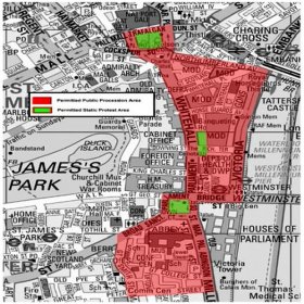 #millionmaskmarch - A map of the approved protest area in central London