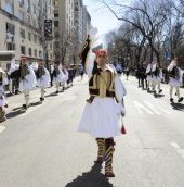 Participants walk in the Greek Independence Day Parade on Fifth Ave. Sunday, March 29, 2015 in Manhattan, New York.