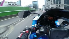 The driver films himself performing a wheelie at 67mph on a central London road. Unbeknownst to him, two mounted police officers lie in wait ahead