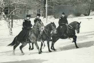 Three members of the Metro mounted unit, from left, Bert McKeown, John Gill and AI Calderwood, head back to the main Sunnybrook stable in Wilkert Creek Park for lunch in 1979.